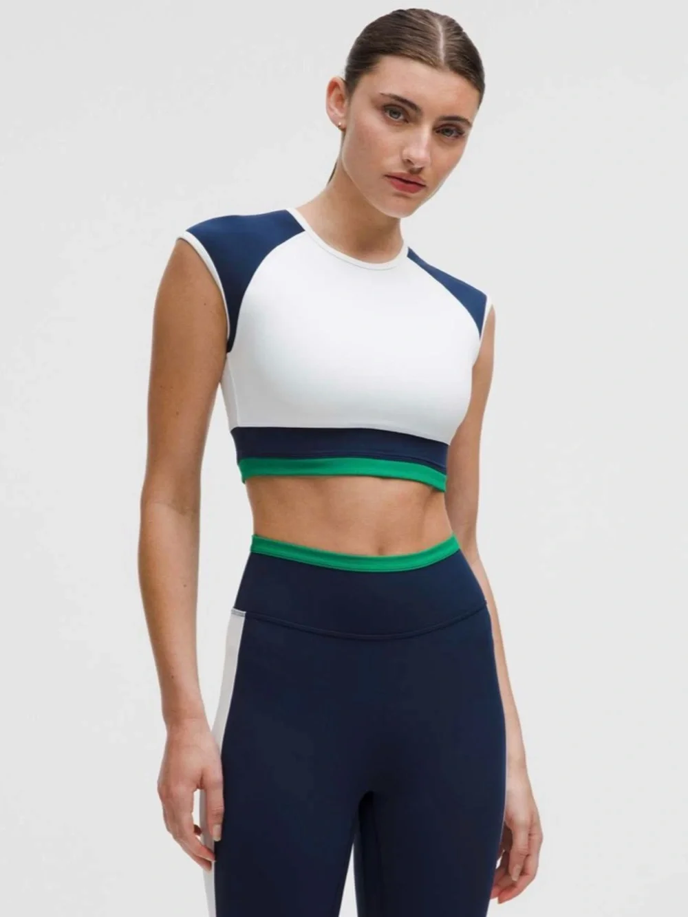 Lululemon Nulu Cropped Short Sleeve Shirt Retro Remix White Blue Green NWT XXS